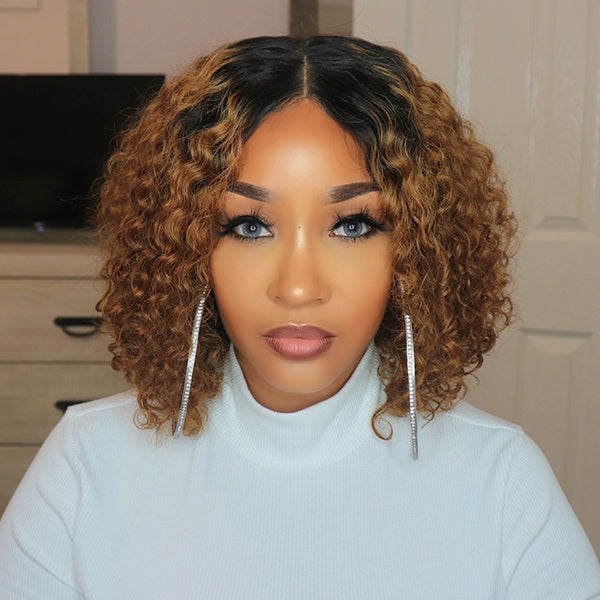 Honey Brown Curly Bob Wig Ombre High Density Closure Wig