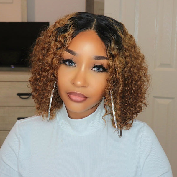 Honey Brown Curly Bob Wig Ombre High Density Closure Wig