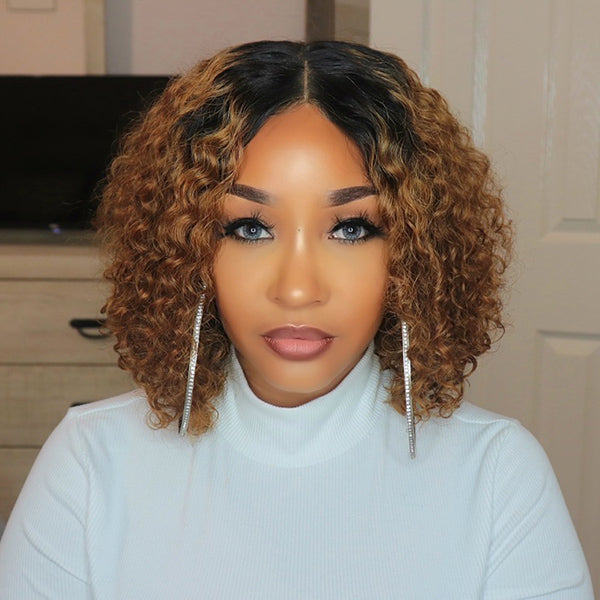 Honey Brown Curly Bob Wig Ombre High Density Closure Wig