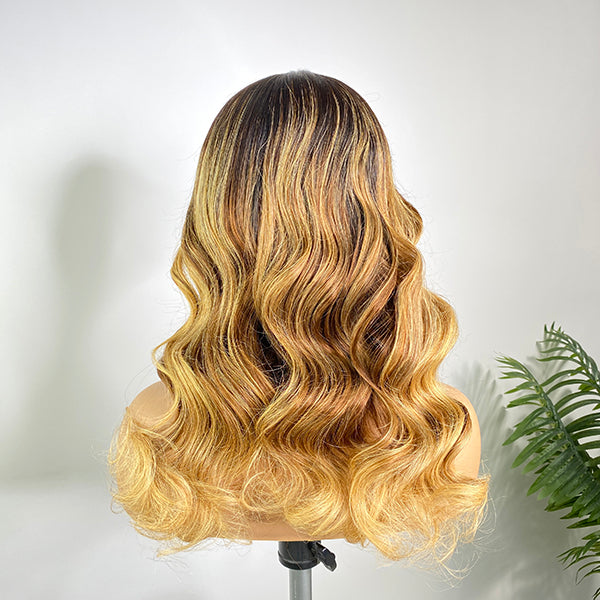 Honey Blonde Patch Brown Highlights Loose Wave Lace Closure Wig