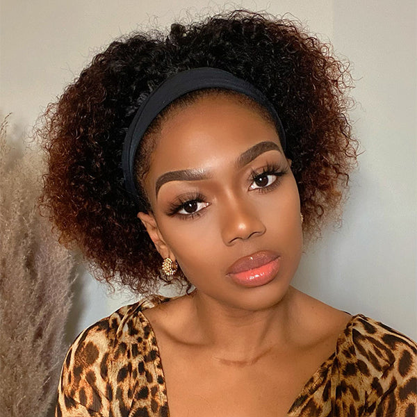 Brown Ombre Short Jerry Curl Headband Wig | Throw On & Go (Get Free Trendy Headbands)