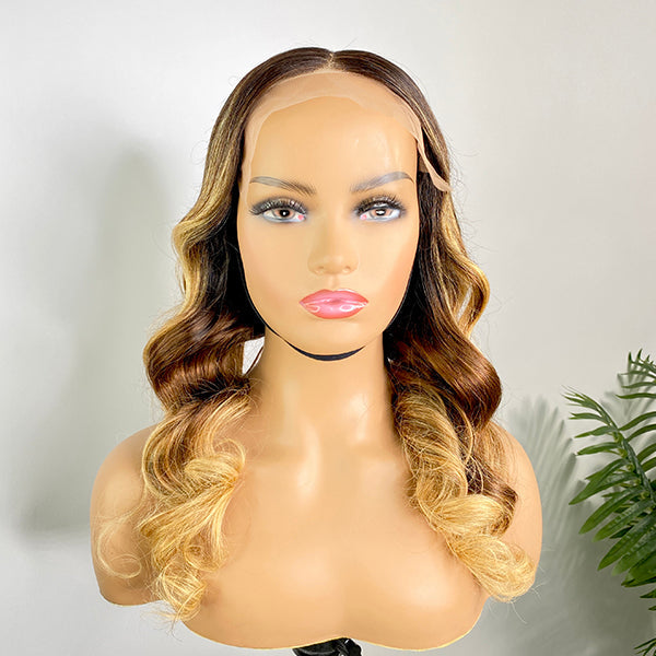 Honey Blonde Patch Brown Highlights Loose Wave Lace Closure Wig