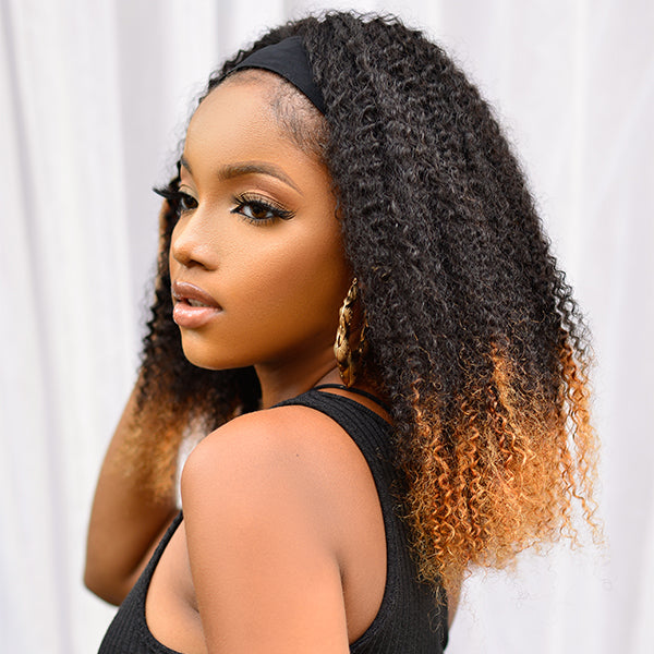 Fluffy Ombre Brown Jerry Curl Headband Wig | Throw On & Go (Get Free Trendy Headbands)