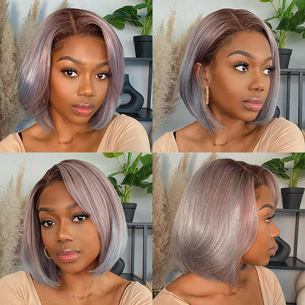 Grey Color Bob Wig Middle Part Compact 13X4 Lace Frontal Lace Wig