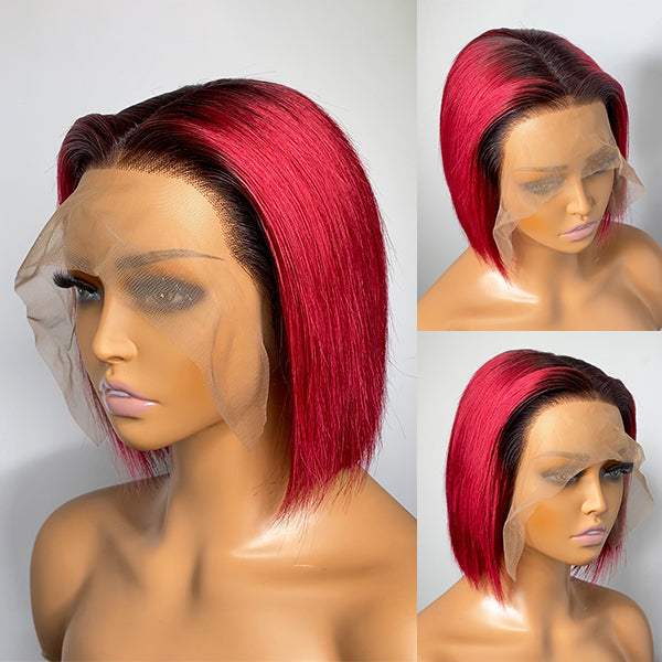 Burgundy Color Bob Wig With Black Roots Glueless 13x4 Lace Wig