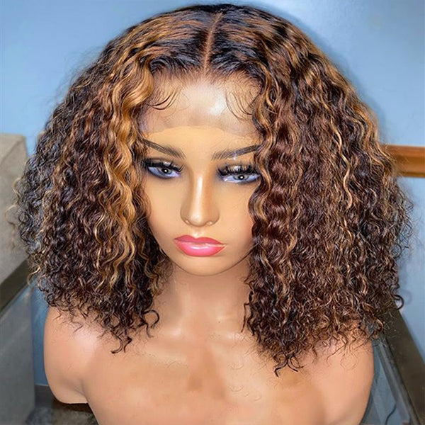 Mix Color Brown Curly Bob Wig Compact 13X4 Frontal Lace Wig