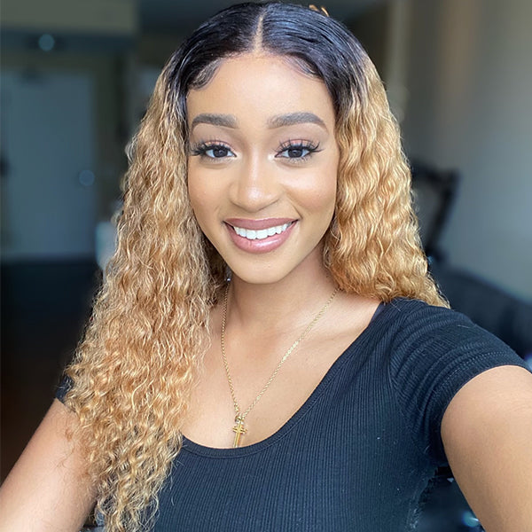 Ombre Brown Color Deep Wave Extented 4X4 Closure Lace Wig