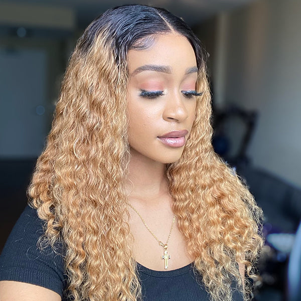 Ombre Brown Color Deep Wave Extented 4X4 Closure Lace Wig