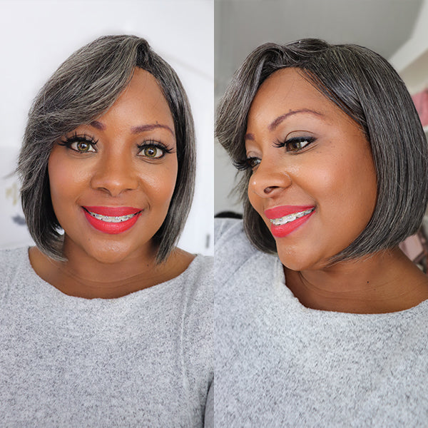 Black Mix Grey Hair Bob Wig With Bangs | Salt & Pepper Color