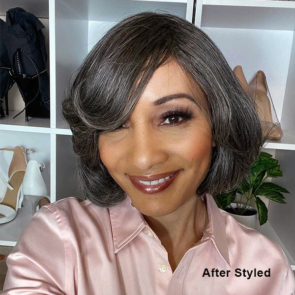 Black Mix Grey Hair Bob Wig With Bangs | Salt & Pepper Color