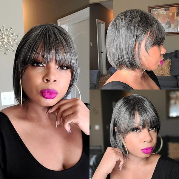 Black Mix Grey Hair Bob Wig With Bangs | Salt & Pepper Color